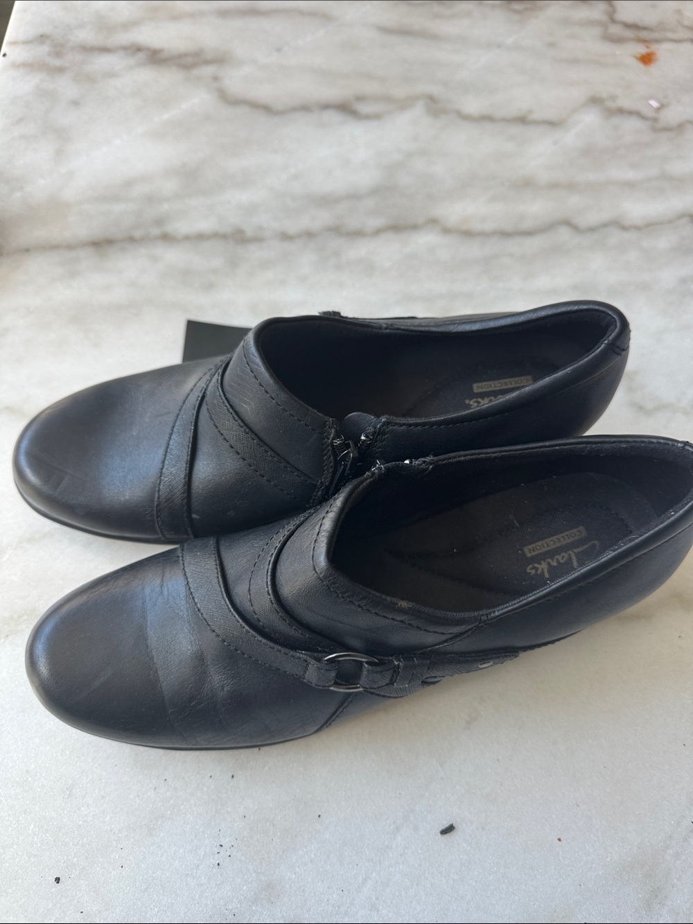 Clarks Black Leather Slip-On Loafers with Side Buckle Detail
